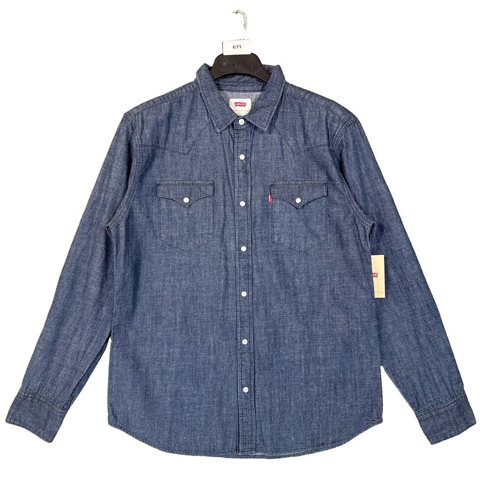 Levis Mens Pearl Snap Western Shirt Denim Chambray Long Sleeve Size L Blue NWT